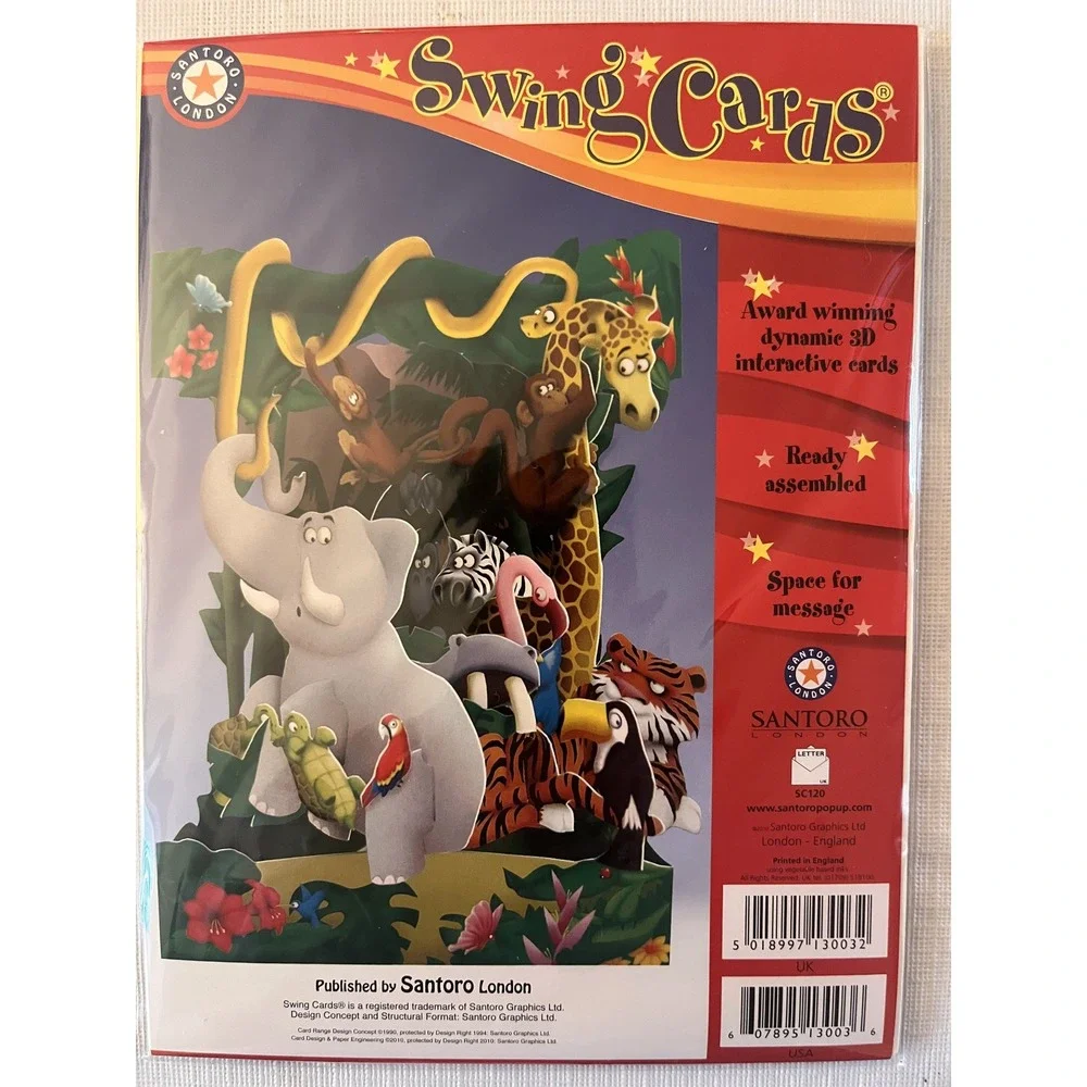 Santoro London Swing Cards 3D Pop Up Jungle Animals Interactive Greeting Card
